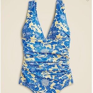 J. Crew Ruched V-neck One-piece Full Coverage Swimsuit in Blue Floral